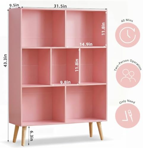 YAHARBO Light Pink Bookshelf,3 Tier Book Shelf with Legs, 7 Cube Minimalist Bookcase,Storage Organizer Shelves Display B
