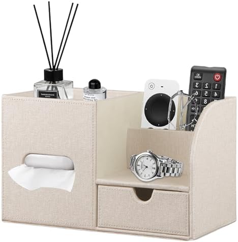 PU Leather Tissue Box Cover Square with Drawer Storage and Tray on Top