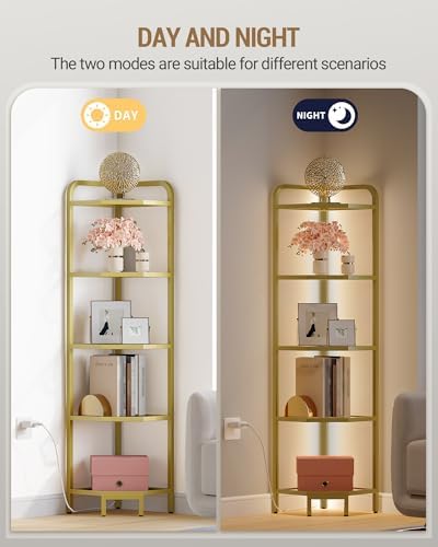 Hzuaneri Corner Shelf with LED Lighting, 5-Tier Glass Bookshelf