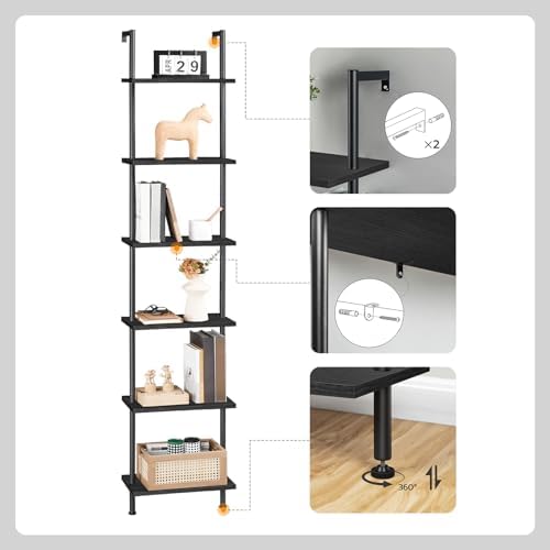 HOOBRO DIY Ladder Shelf, 6-Tier Wooden Wall Mounted Bookshelf, Narrow Bookcase, Display Shelf, Storage Rack, Plant Stand