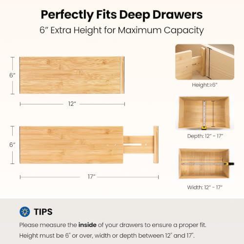 4 Pack 6" Deep Bamboo Drawer Dividers, 12-17" Expandable Kitchen Organizers