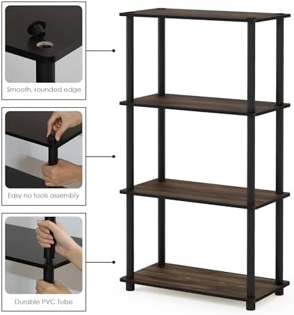 Furinno Turn-N-Tube Toolless Assembly Storage Shelves, 4-Tier Rustic Brown Book Shelf, Open Storage Bookshelf, for Organ
