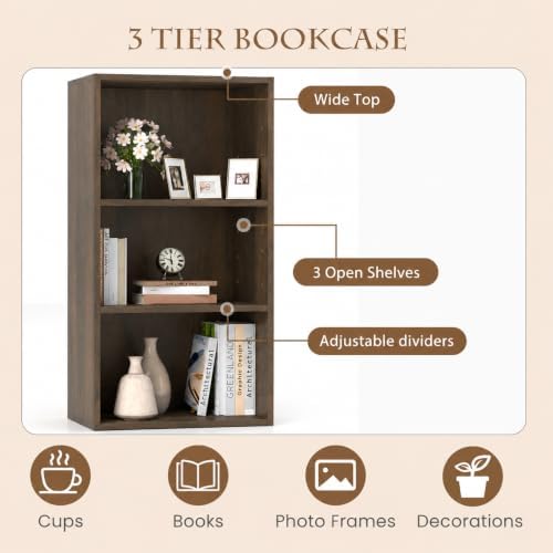 POWERSTONE 3 Tier Bookcase Set of 2, Small Open Bookshelf, Wooden Storage Book Shelf with Adjustable Panels for Living R