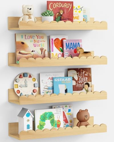 Harwaya Scalloped Nursery Bookshelf Wall Mounted 4-Pack, Natural Wood Floating Book Shelves for Wall, Cloud Wall Mount B