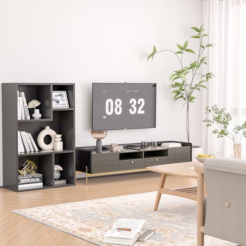 VECELO Wide Kids Staggered 5-Cube Bookshelf, Extra Large Freestanding Open Storage Organizer with Multi-Size Compartment