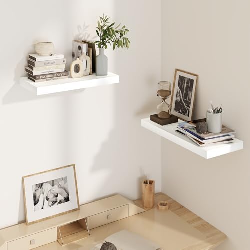 Fun Memories White Floating Shelves 16 Inch Long, 8 Deep Floating Shelf Wall Mounted, 16 x 8 Inch Wooden Bathroom Shelve