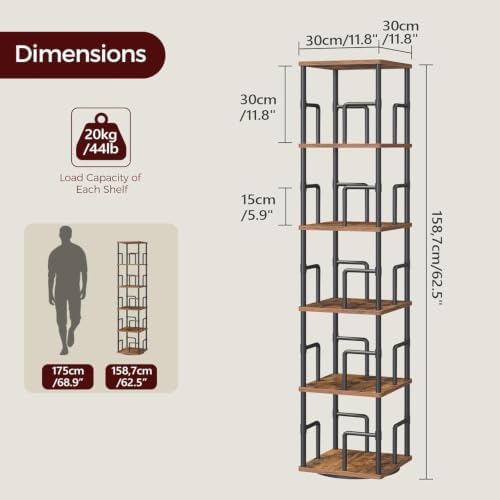MAHANCRIS 5-Tier Rotating Bookshelf, Freestanding Corner Bookshelf, 360° Spinning Bookcase, Industrial Style Storage Rac
