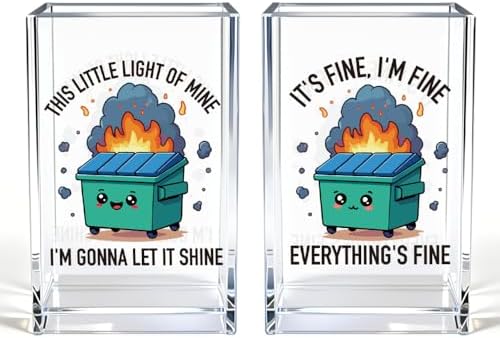 Dumpster Fire Funny Acrylic Pencil Pen Holder Cup Set 2, Cute Pencil Holder Desk Organizer, Dumpster Fire Desk Accessories, Mental Health Sarcastic Office Gifts for Women Men Coworkers Teachers