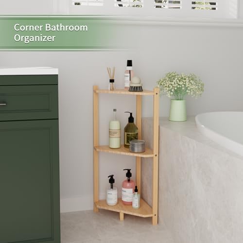 Wisuce Bamboo Small Corner Shelf Stand, 3-Tier Natural Corner Bookshelf