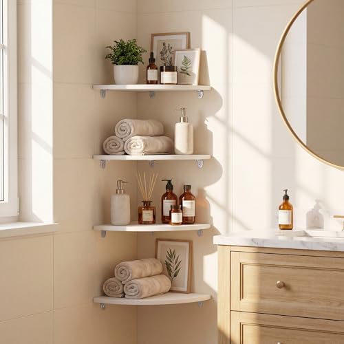 4 Pcs White Corner Floating Shelves for Wall with Cord Hole 10 Inch Rounded Corner Curved Hanging Shelves for Cable Box,