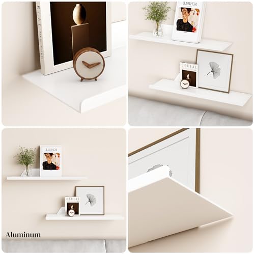 Floating Shelves for Wall, Off Center Metal Shelves for Living Room, White Floating Shelves for Wall Decor, 16” Hanging 