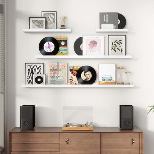 Picture Ledge Shelf for Wall, 56 inches Solid Pine Wood Nursery Book Shelves 3 Packs, Floating Ledge Shelves for Kids' Room Bedroom Bathroom Long Floating Shelves for Wall Nursey Wall Decor, White