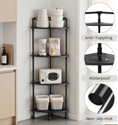 Aduanbang Fun Memories 4-Tier Corner Shelf Stand, Grey Storage Bookshelf for Bathroom, Living Room, Kitchen, Home Office