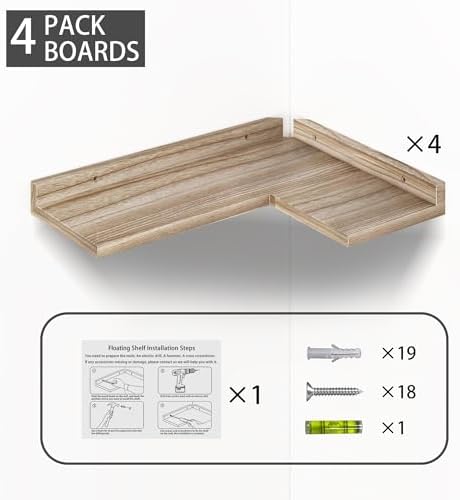 4 Tier Floating Corner Shelves - Set of 4 Rustic Wooden Floating Corner Wall Shelf with Cord Hole, L Shaped Corner Shelf