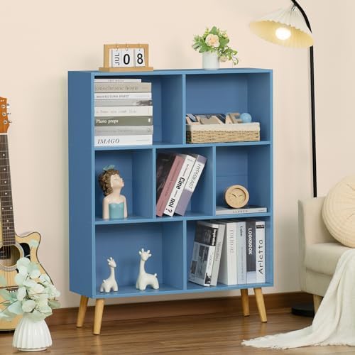 YAHARBO 7 Cube Bookshelf, Blue Kids Book Shelf with Cubby Storage,Wooden Modern Bookcase with Legs,3 Tier Freestanding D