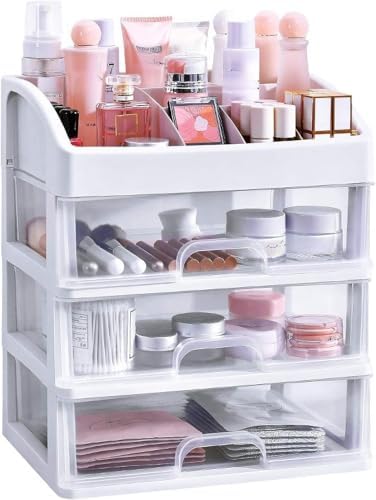 Makeup Organizer with 3 Drawers, Bathroom Vanity Countertop Storage for Cosmetics, Brushes, Lotion, Nail Lipstick and Je