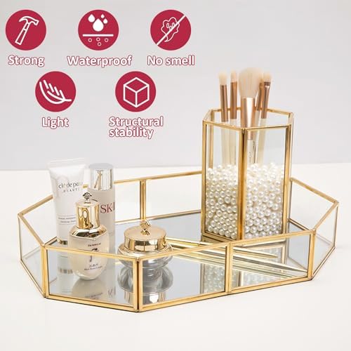 Octagon Vintage Gold Mirror Glass Vanity Tray,Ornate Geometric and Brass Plated Display Storage Organizer for Makeup Bru