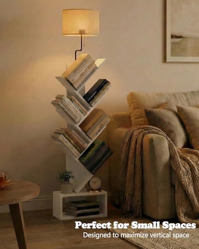 XBurmo 6 Tier Tree Bookshelf with Lights - Small Bookcase, Compact Book Tower with Drawer, Corner Bookshelf for Bedroom,