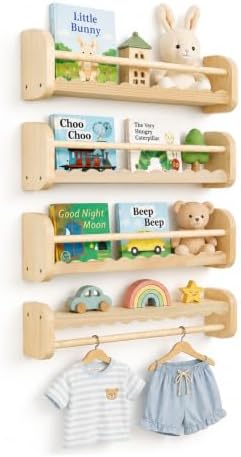 JOLLITO 4-Pack Natural Wood Nursery Floating Shelves with Hanging Rod