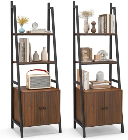 Tangkula 4-Tier Ladder Shelf, Industrial Bookshelf with Cabinet