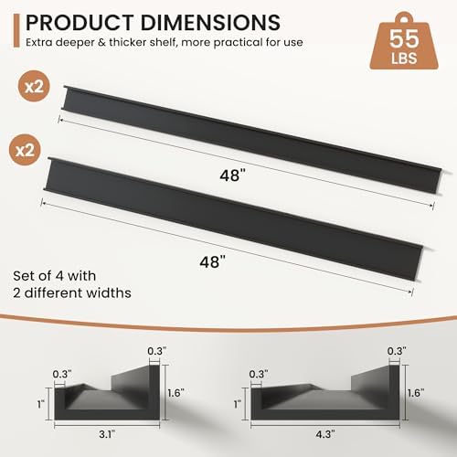 Fun Memories Picture Ledge Shelves Set of 4, 48 Inch Rustic Wall Mounted Floating Shelves with Lip for Home Storage and 