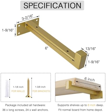 OVOV 6 Pack 6 Inch Gold Shelf Brackets with Lip Wall Shelf Brackets