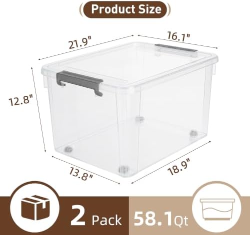 Citylife 2-Pack 58.1 QT Clear Plastic Storage Bins with Latching Lids