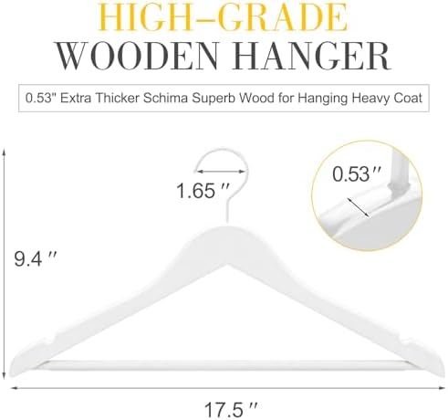 TOPIA HANGER All White Wooden Hangers, Solid Wood Suit Hangers with Extra Thick Hook and Non Slip Pants Bar, Heavy Duty Coat Hangers with Notches, Bridal Hangers for Shirts 16 Pack -CT01W