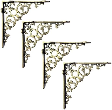 NACH Decorative Shelf Brackets, 4 Pack of 8 x 1.6 x 8 inch, Cast Iron, Brass Finish Shelf Support Bracket - Metal Shelf 