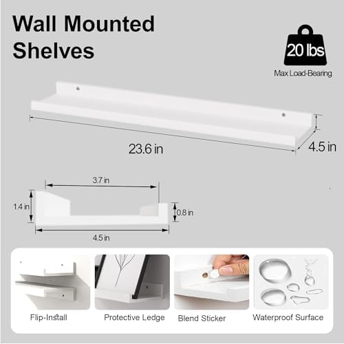 White Floating Shelves for Wall Decor, 24 in Shelf with Lip Set of 2