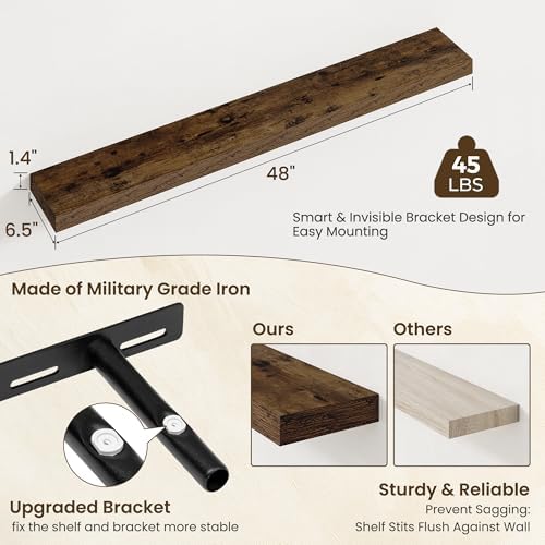 Axeman 48Inch Floating Shelves for Wall, 2 Packs, Invisible Brackets, Brown