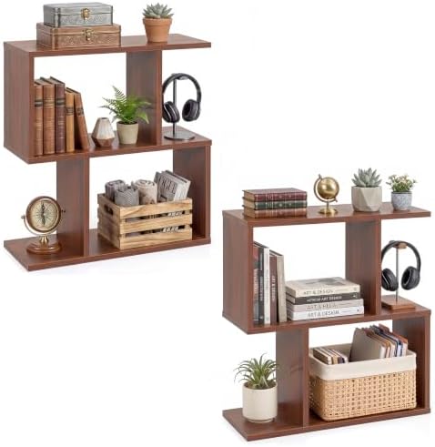 Tangkula 2 Tier Geometric Bookshelf, Freestanding Wooden Display Shelf, Home Office Room Divider S Shaped Open Bookcase,