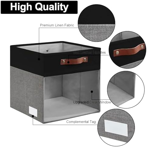 Bagnizer Storage Cubes, 4 Pack Linen Foldable Storage Bins (13 x 13 inch) with Clear Window and Handles, Fabric Organizer for Shelf Closet, Clothes, Books - (Gray and Black)