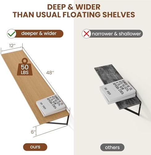 Heimlove 48W x 12D Deep Floating Shelves Set of 2 Oak