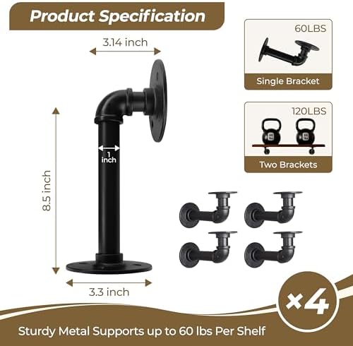 Industrial L Pipe Shelf Brackets for 9-18 in Depth Wood Heavy-Duty 3/4" Iron,Wall Mount Floating Shelf Bracket L Metal P
