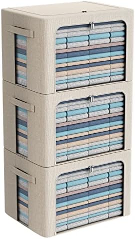 CYhom 3Pack Foldable Storage Bins - Frame Storage Box Linen Fabric Stackable Clothes Container Organizer with Clear Wind