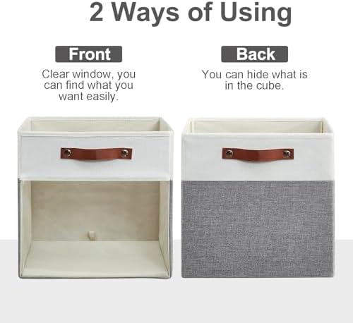 Bagnizer Storage Cubes, 4 Pack Linen Foldable Storage Bins with Clear Window and 2 Handles, 13x15x13 Storage Cube Bins for Shelf Closet, Kallax, Clothes, Books - (Gray / Off-White)