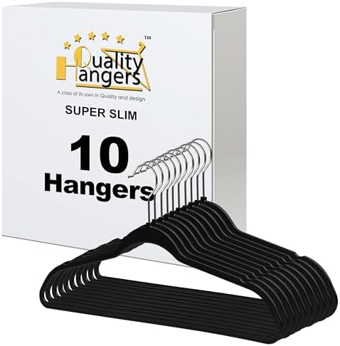 Quality Hangers 10 Pack Slim Plastic Hangers for Clothes - 16.5" Won't Crease Your Clothes, Heavy Duty Non-Velvet Black Hangers, 360° Swivel Chrome Hook Dresses Coats Shirts (10, Black)