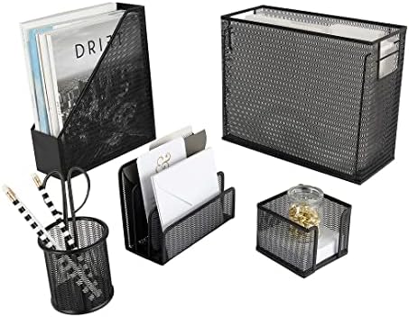 BLU MONACO Black Desk Organizer Set | 5-Piece Metal Office Supplies Collection with Hanging File Organizer, Magazine Holder, Pen Cup, Sticky Note Holder & Letter Sorter | Workspace Organization