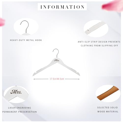 2 Pcs Bride Wedding Dress Hanger Wooden Groom Suit and Gown Non-Slip Hangers Bridal Party Shower Gift (Mr. and Mrs.)