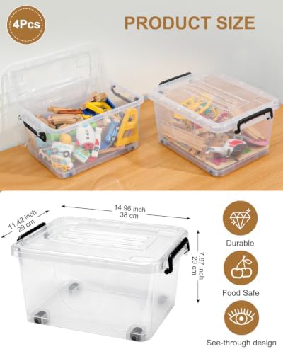 EOENVIVS 13L Storage Bins with Lids, 4 Pack Clear Storage Containers with Lids, Stackable Storage Boxes with Wheels, Org