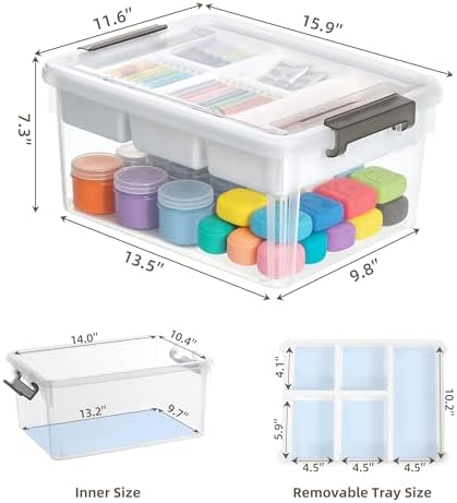 17 Qt Craft Organizers and Storage with Removable Tray and Divider, Clear Craft Storage Box, Stackable Art Supply Organi