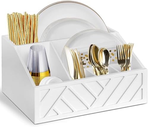 Ukonvi Paper Plate Dispenser, Paper Plate Holder for Kitchen Counter, Wood Rustic Silverware Utensil Caddy, Cutlery Flat