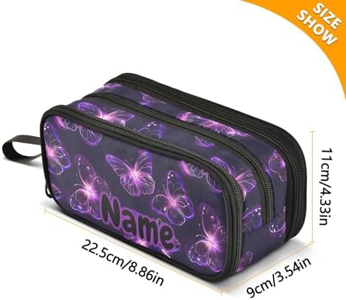 Custom Butterflies Purple Neon Pencil Case Box Boys Girls Personalized Name Large Pencil Pouch Stationery Pen Bag Organizer for Kids Adults School Office