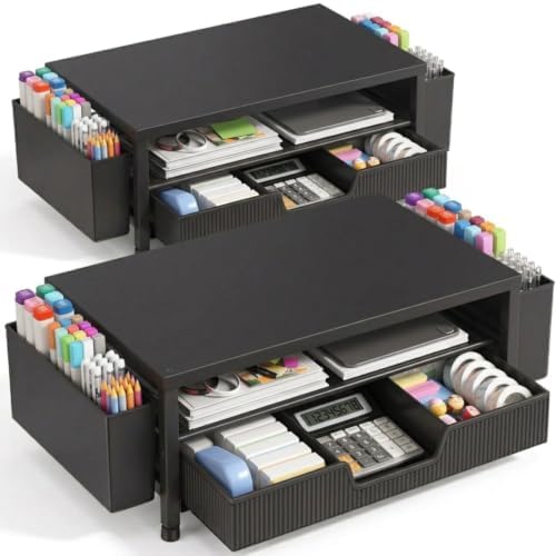 ECOLOVI Desk Organizer and Accessories, 2-Tier Computer Monitor Stand Rise with Storage Drawer & 2 Pen Holders, Laptop &