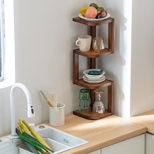 Corner Shelf Stand Desk Organizer,26.8" H Rubberwood Brown Rack for Small Spaces, Bedroom,Home Office,Kitchen,Bathroom (
