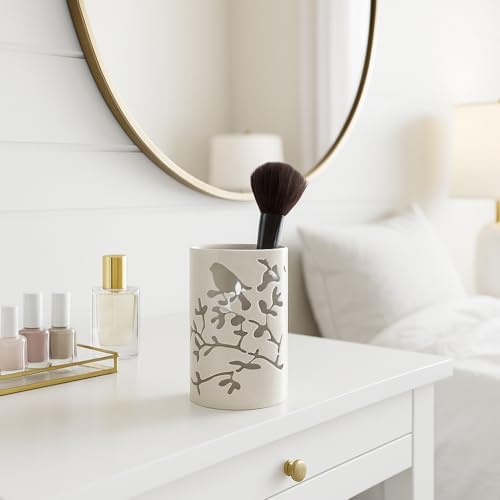 Mango Steam Metal Pen Holder, Makeup Brush Cup Organizer for Office, Bathroom, Vanity (White, Bird)