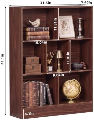 YAHARBO 3 Tier 7 Cube Mini Thin Bookshelf, Short Shallow Bookcase, Walnut