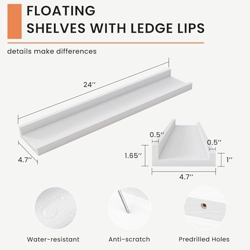 FLYJOE Picture Ledge Shelf for Wall, 24 inch Solid Ash Wood Nursery Book Shelves 2 Packs, Floating Shelves for Kids' Room Bedroom Bathroom Living Room Photo Frames Office Nursey Wall Decor, White