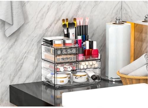 Cq acrylic Clear Make up Organizers for Vanity,Skincare Organizer With 5 Drawers for Dresser,Plastic Cute Desk Accessori